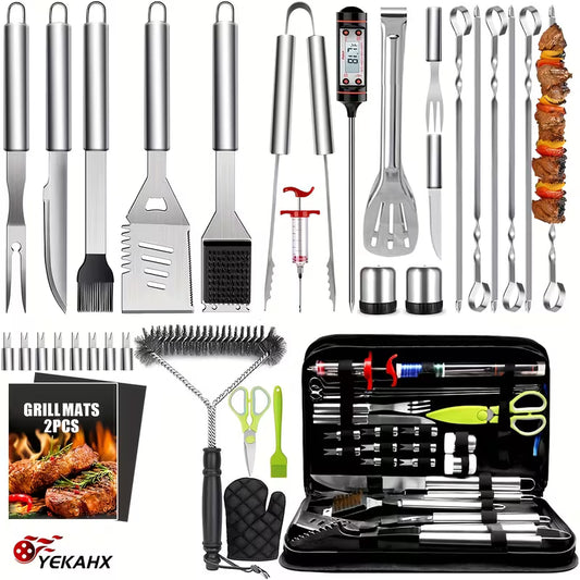 34-Piece Stainless Steel Griddle Tool Set with Spatulas, Scrapers & Storage Bag for BBQ and Teppanyaki