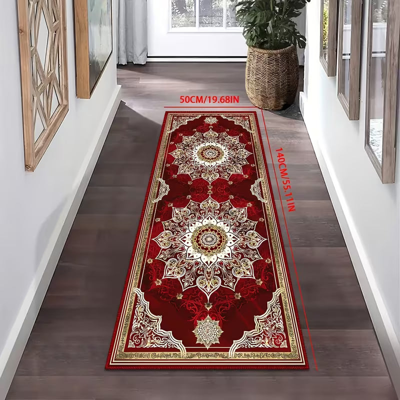 Luxury Burgundy & Gold Runner Rug, Long Rectangular Medallion Pattern Floor Mat with Non-Slip Backing, Machine Washable
