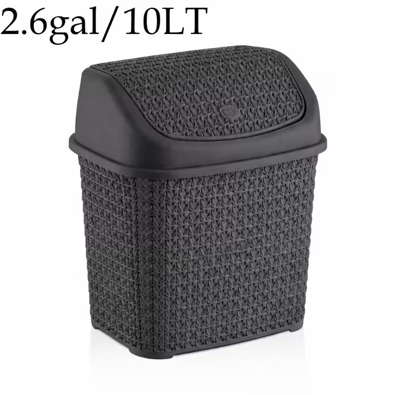 Modern Woven-Style Flip Lid Trash Can, Minimalist Plastic Waste Bin for Bathroom, Bedroom & Office
