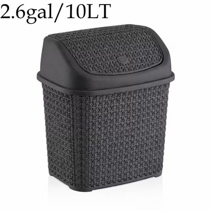 Modern Woven-Style Flip Lid Trash Can, Minimalist Plastic Waste Bin for Bathroom, Bedroom & Office