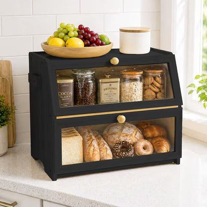 Large Bamboo Bread Box with Lid, Countertop Food Storage Organizer for Bread, Pastries & Baked Goods