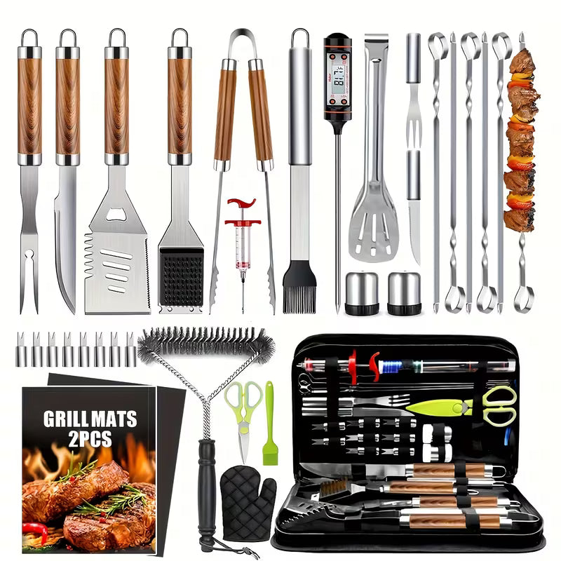 34-Piece Stainless Steel Griddle Tool Set with Spatulas, Scrapers & Storage Bag for BBQ and Teppanyaki