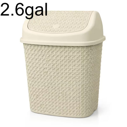 Modern Woven-Style Flip Lid Trash Can, Minimalist Plastic Waste Bin for Bathroom, Bedroom & Office