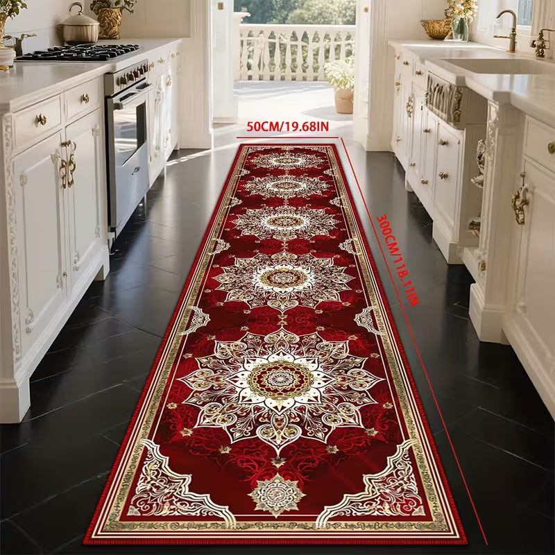 Luxury Burgundy & Gold Runner Rug, Long Rectangular Medallion Pattern Floor Mat with Non-Slip Backing, Machine Washable