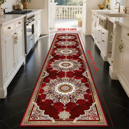 Luxury Burgundy & Gold Runner Rug, Long Rectangular Medallion Pattern Floor Mat with Non-Slip Backing, Machine Washable