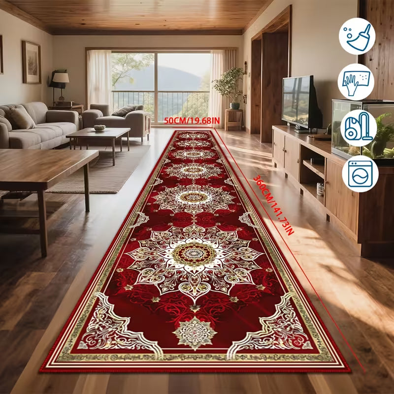 Luxury Burgundy & Gold Runner Rug, Long Rectangular Medallion Pattern Floor Mat with Non-Slip Backing, Machine Washable