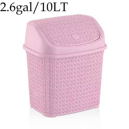 Modern Woven-Style Flip Lid Trash Can, Minimalist Plastic Waste Bin for Bathroom, Bedroom & Office