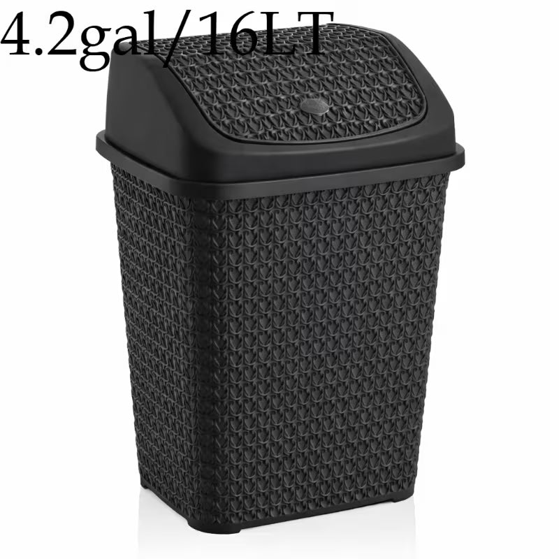 Modern Woven-Style Flip Lid Trash Can, Minimalist Plastic Waste Bin for Bathroom, Bedroom & Office