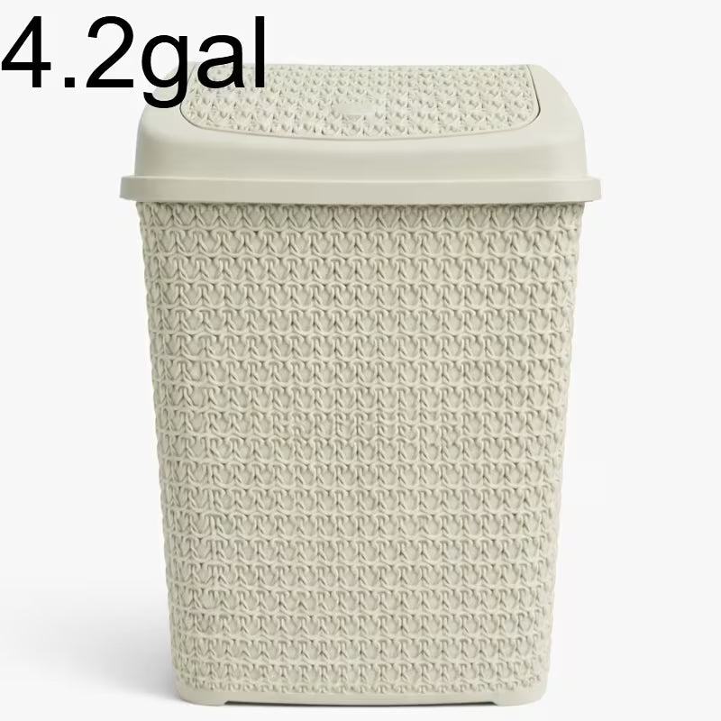 Modern Woven-Style Flip Lid Trash Can, Minimalist Plastic Waste Bin for Bathroom, Bedroom & Office
