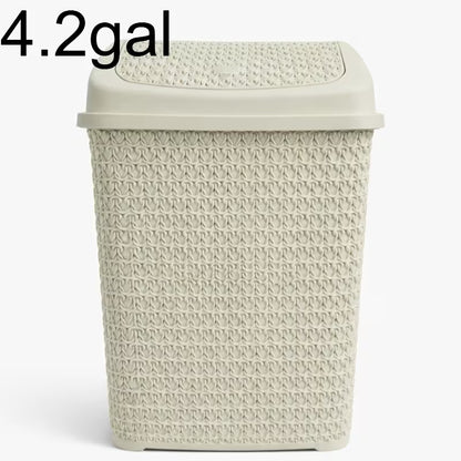 Modern Woven-Style Flip Lid Trash Can, Minimalist Plastic Waste Bin for Bathroom, Bedroom & Office