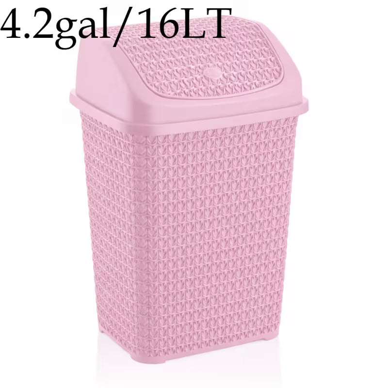 Modern Woven-Style Flip Lid Trash Can, Minimalist Plastic Waste Bin for Bathroom, Bedroom & Office