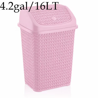 Modern Woven-Style Flip Lid Trash Can, Minimalist Plastic Waste Bin for Bathroom, Bedroom & Office